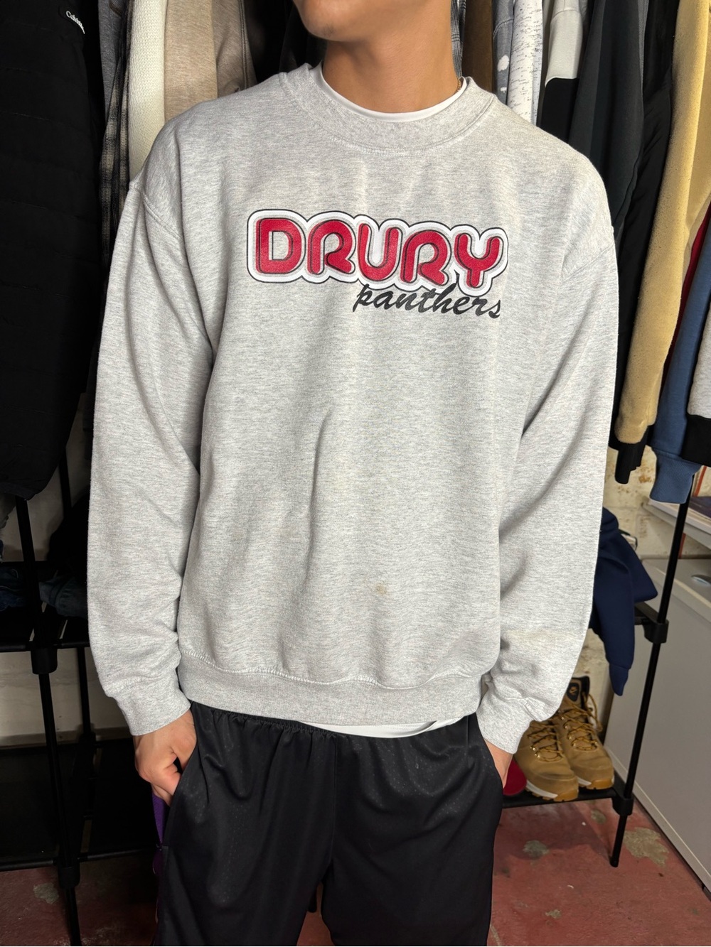 Gildan Gray Crewneck Sweatshirt with Red "DRURY" Panthers Logo